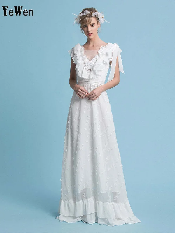 Romantic Bohemian Wedding Dresses V Neck Chiffon Boho Wedding Bridal Dress