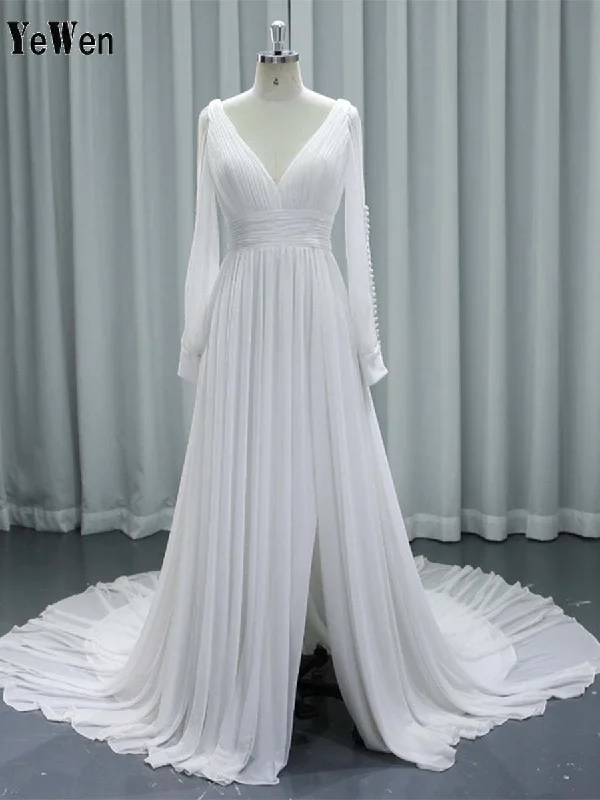 Simple Bohemian Wedding Dress Long Sleeves Bridal Dress #24017