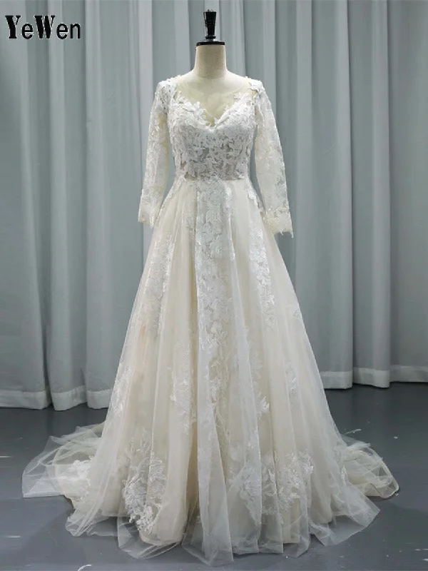 Unique Lace Wedding Dress Floral Embroidered Long Sleeves Bridal Gown #24015