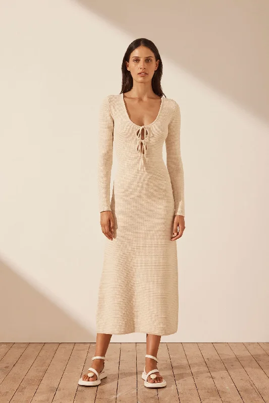 EVE LONG SLEEVE KEYHOLE MIDI DRESS - BONE