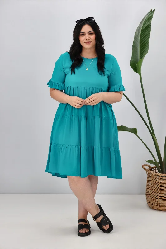 New U Collection Round Neck Midi Dress -Teal