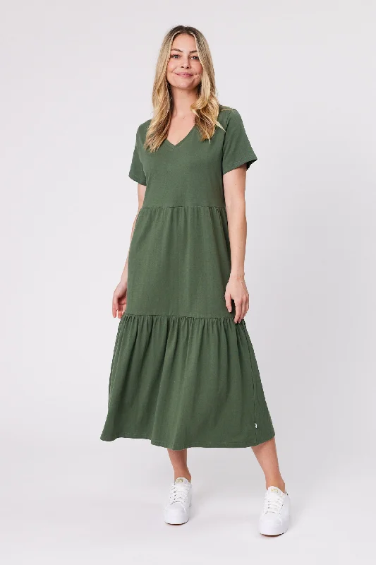 Shine On Essentials Tiered Midi Dress Khaki