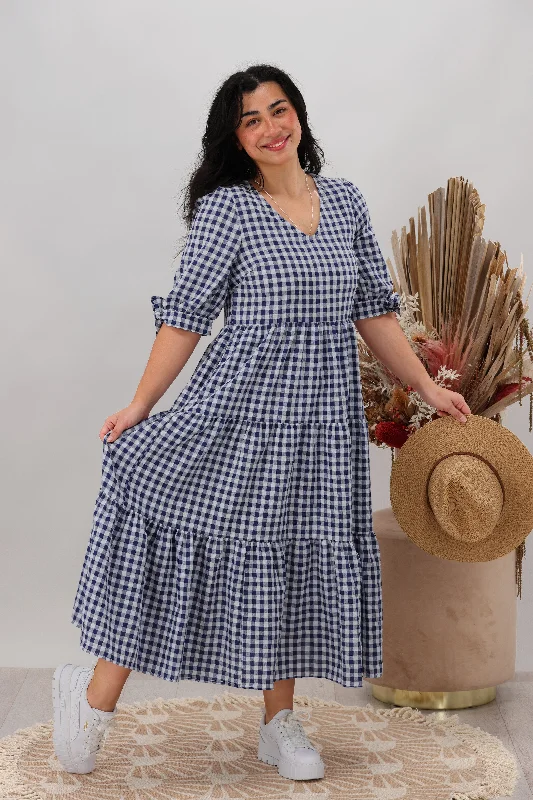 Silver Wishes Gingham Tier Midi Dress Navy