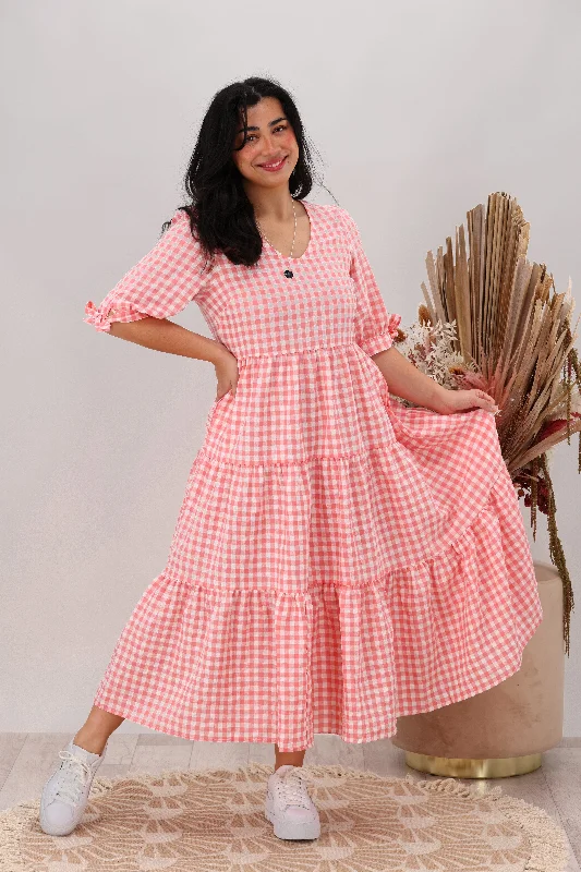 Silver Wishes Gingham Tier Midi Dress Pink