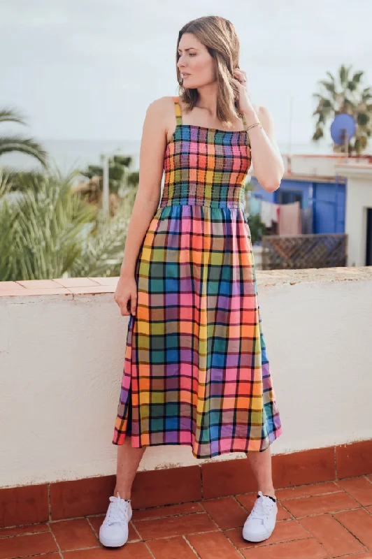 Sugarhill Denali Midi Shirred Sundress Summer Rainbow Check Multi