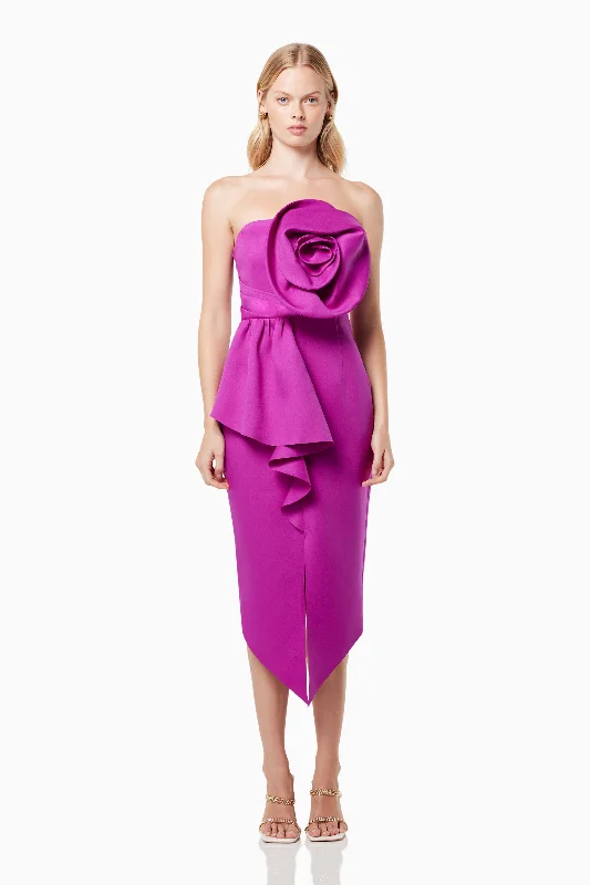 Bowie 3D Rosette Midi Dress In Purple