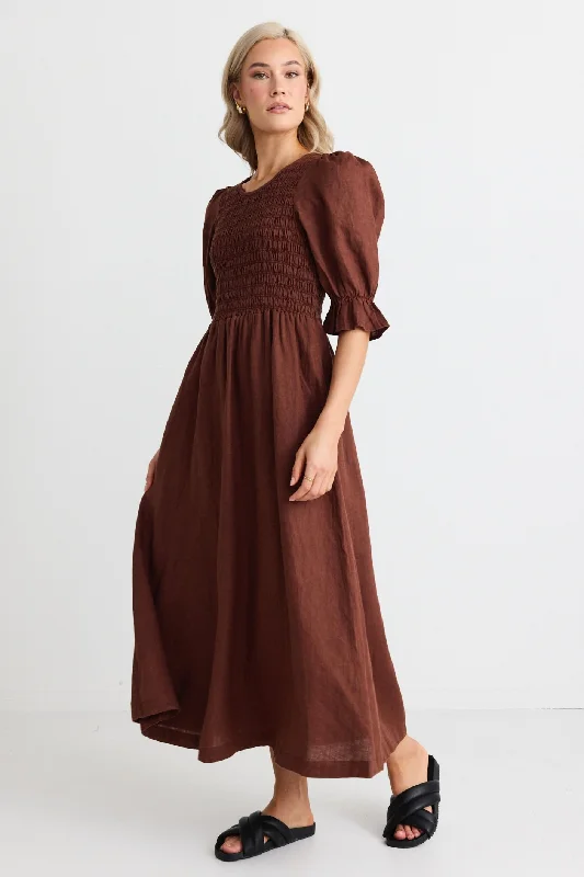 Canary Chocolate Linen Puff Sleeve Shirred Bodice Midi Dress