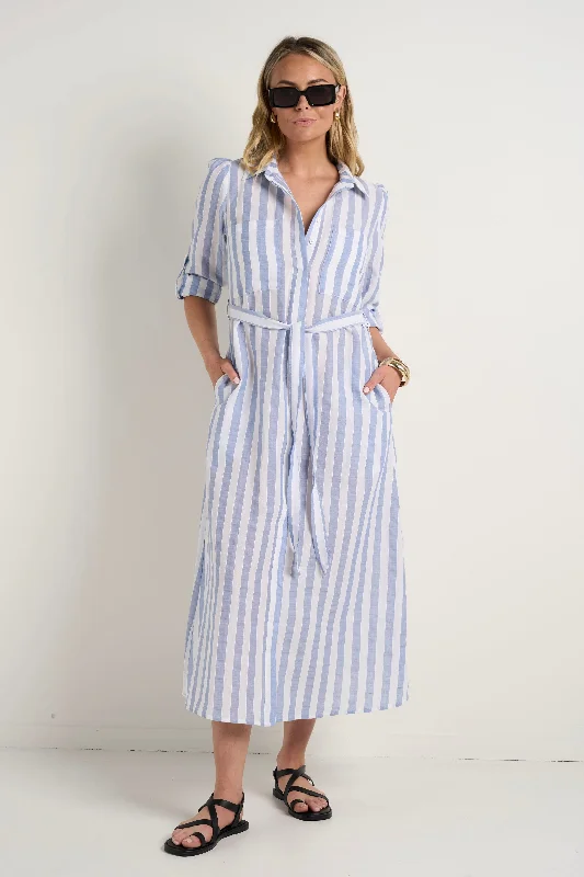 Cyprus Blue Stripe LS Shirt Midi Dress