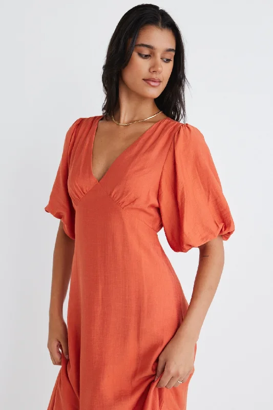 Empire Persimmon Puff Sleeve Midi Dress