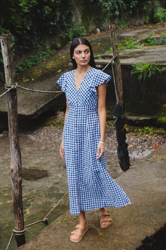 Flawless Navy Gingham Cotton Fluted Sleeve Button Front Midi Dress