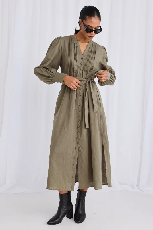 Guardian Soft Khaki Puff Sleeve Pintuck Midi Shirt Dress