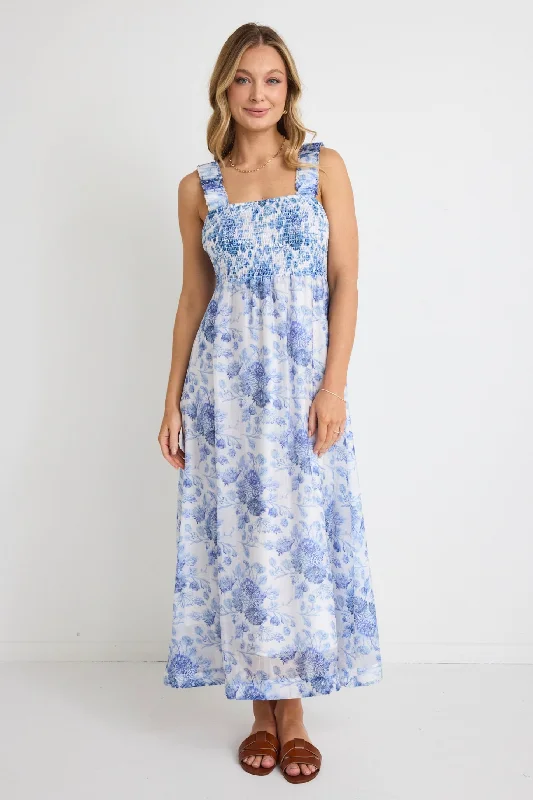 Halo Blue Floral Strappy Shirred Bow Back Midi Dress