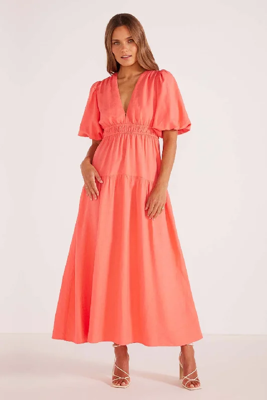 Lila Coral V Neck Puff Sleeve Midi Dress