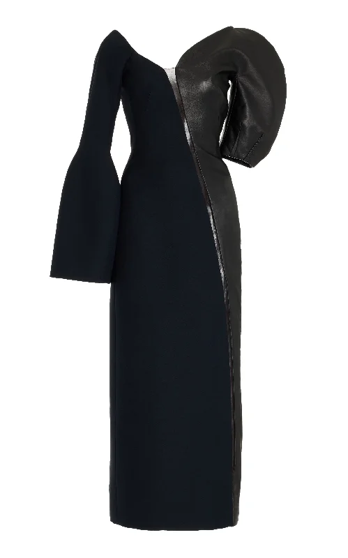 Merlin Midi Dress in Black Wool Silk Cady and Nappa Leather