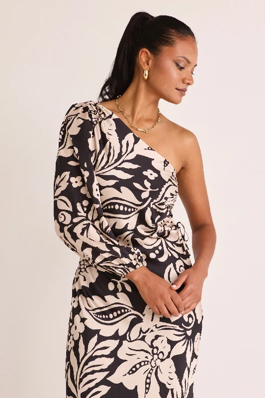 Mythical Black Baroque One Shoulder LS Midi Dress