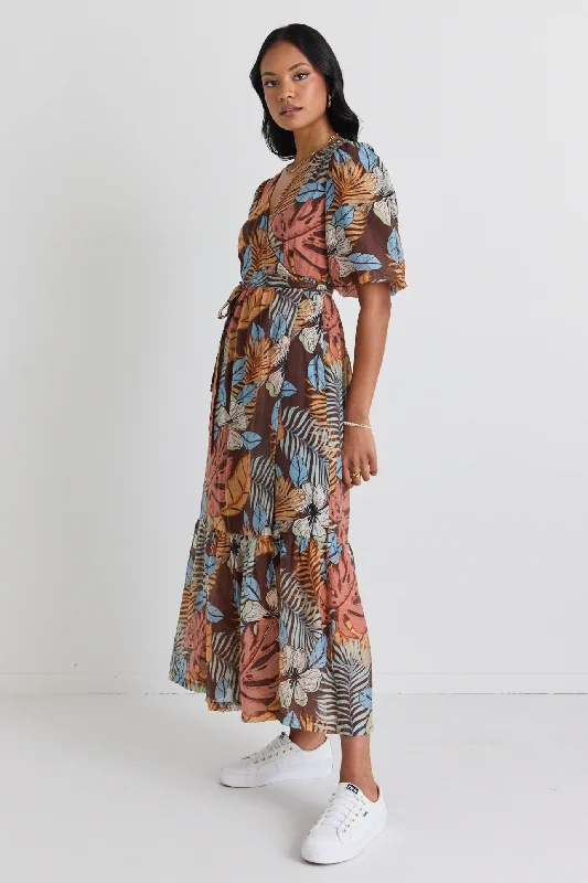 Ocean Tropical Chocolate Print SS Wrap Midi Dress