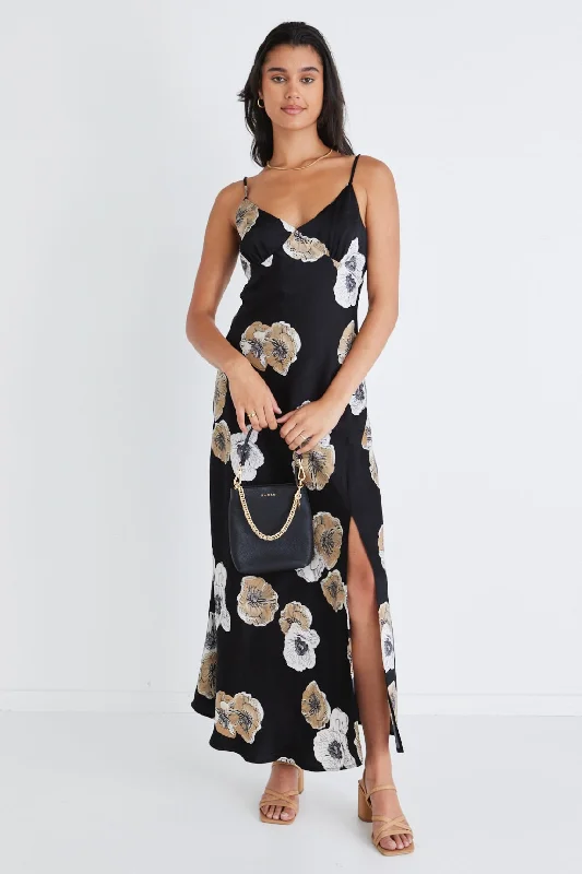 Otherworldly Black Floral Satin Bias Slip Midi Dress