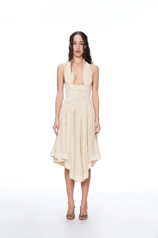 PLEIN SUD BY GALLIANO CREAM HALTER MIDI DRESS