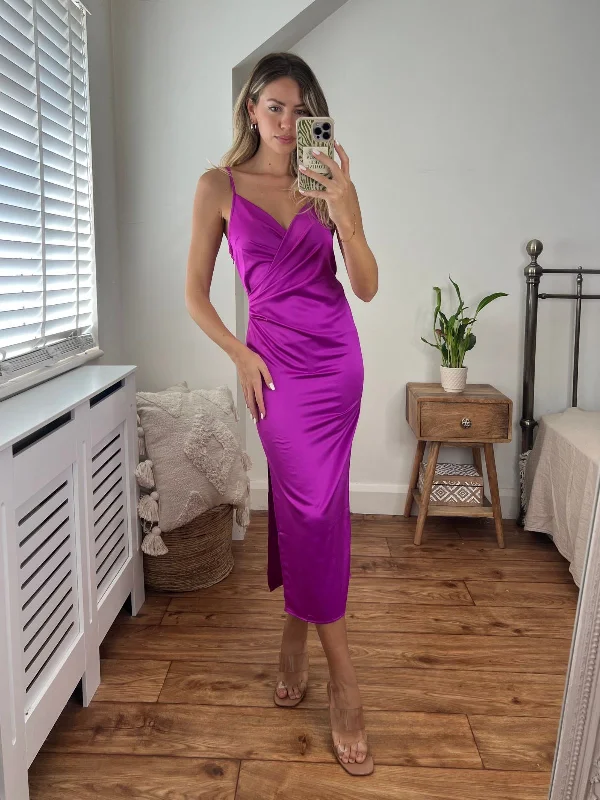 Vera Satin Drape Midi Dress in Purple