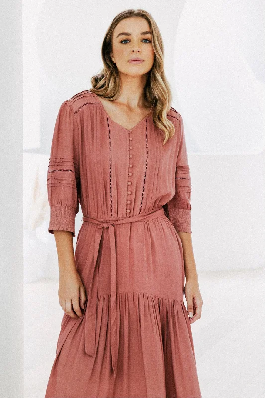 Thea Clay Button Up Tiered Midi Dress