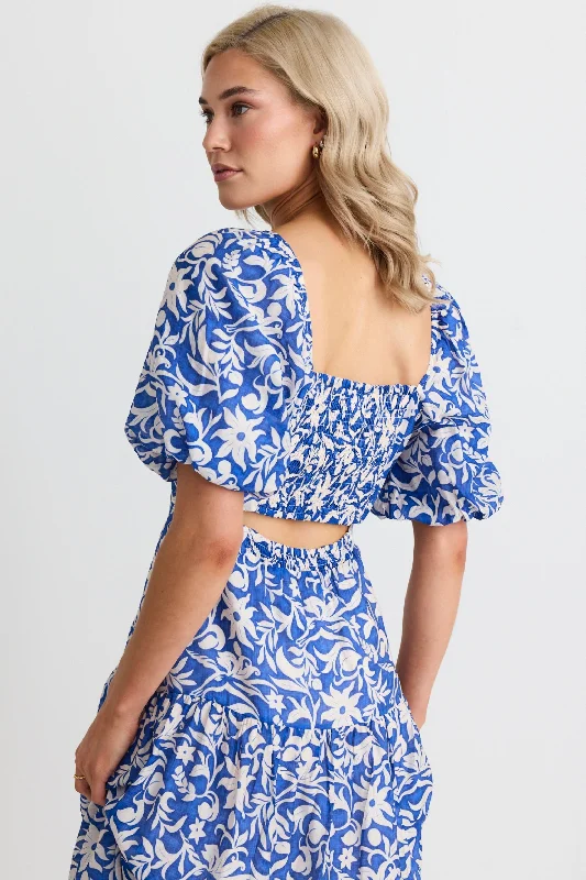 Tranquility Blue Batik SS Cut Out Tiered Midi Dress