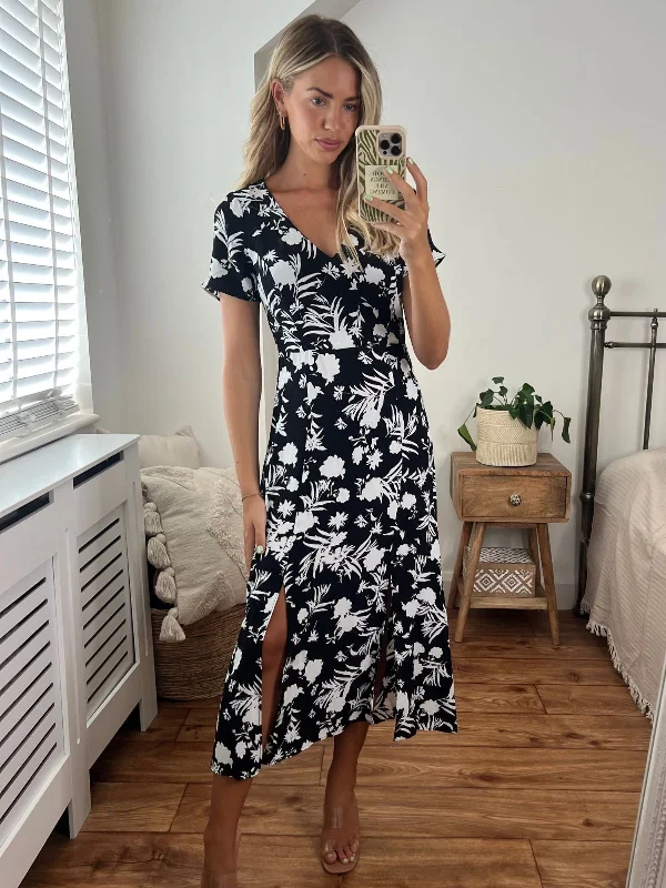 Winnie V Neck Midi Dress / Mono Floral